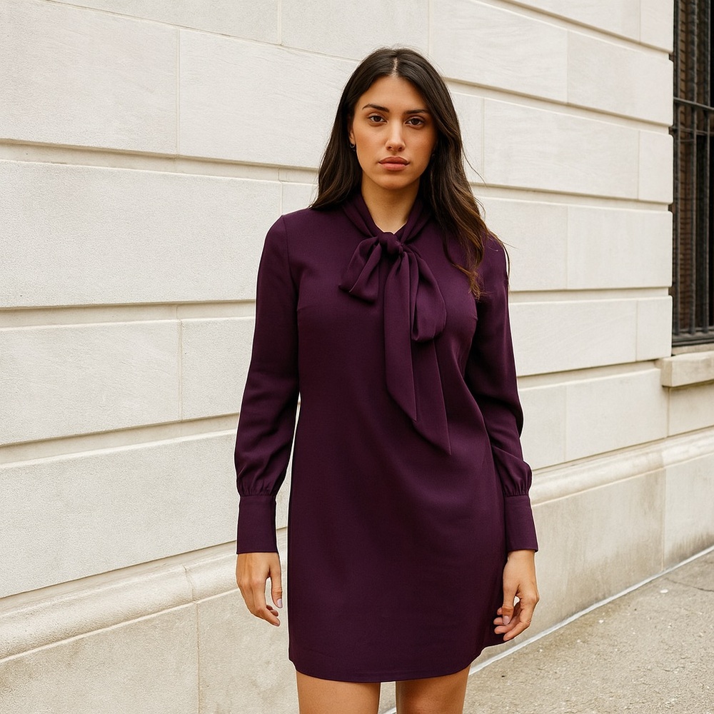Ann Taylor Deep Purple Scooped Square Neck Tie Long Sleeve Dress Women’s Small